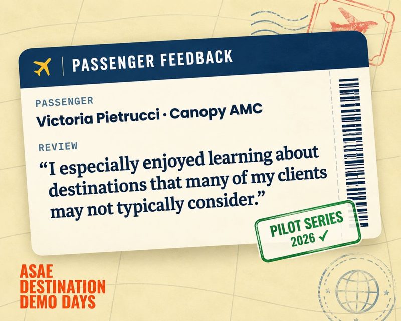 Boarding pass quote: I especially enjoyed learning about destinations that many of my clients may not typically consider. Victoria Pietrucci, Canopy AMC